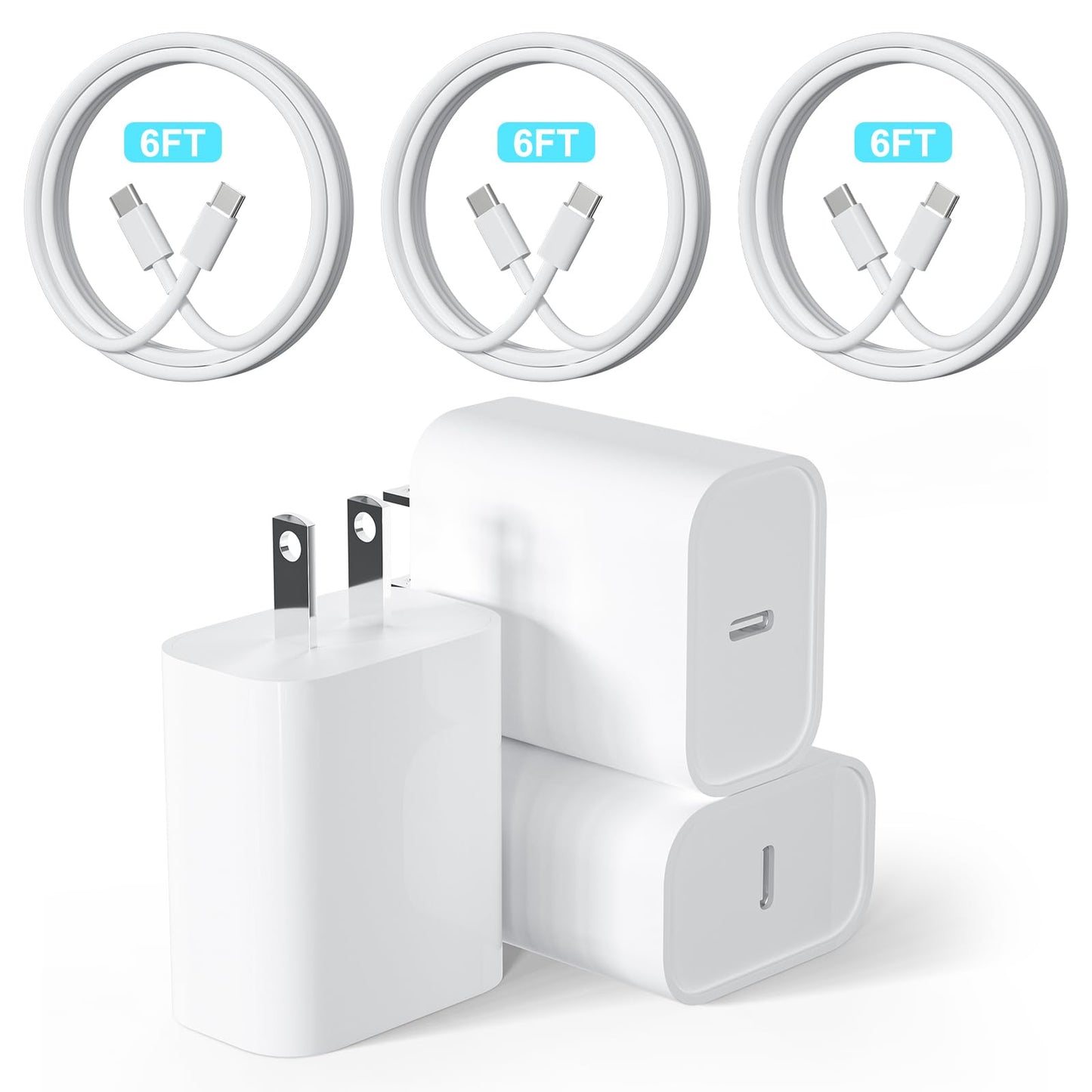Fast Charger 3 Pack 25W PD USB C Wall Charger Adapter with 3 Pack 6FT Type C to Cable Compatible with Phone 15/15 Plus/15 Pro/15 Pro Max Pad