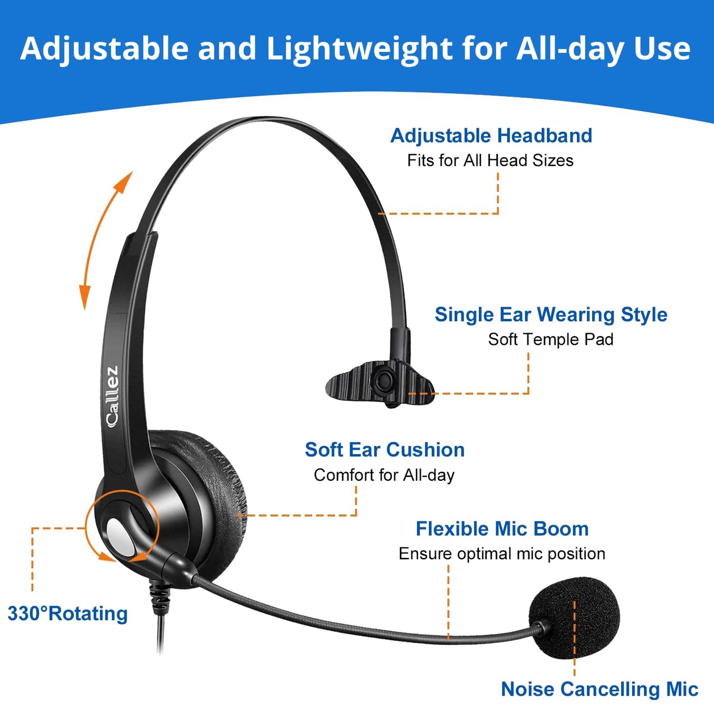 Callez RJ45 Telephone Headset with Microphone Noise Cancelling, Mono Quick Disconnect Phone Headset Compatible with Mitel/Aastra 6865i 6867i 6869i