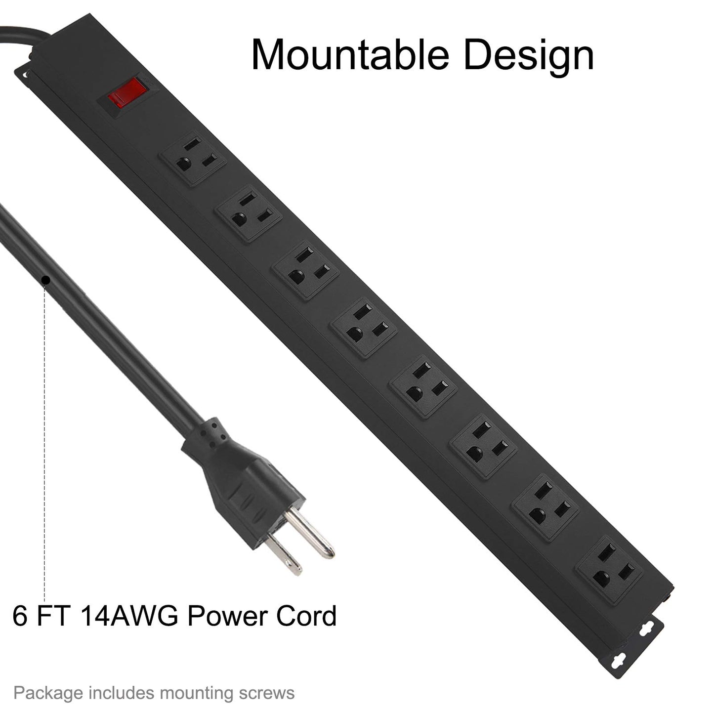 HHSOET Metal 8 Outlet Mountable Power Strip, Wall Mount Outlet Heavy Duty, Wide Spaced Commercial Shop Power Strip with Switch, 15A 125V 1875W, 6 FT