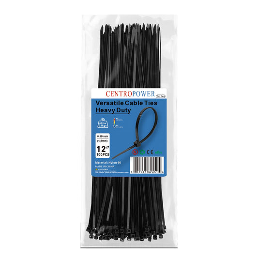 CENTROPOWER Zip Ties 12 Inch 100 Pack Heavy Duty 50 Lbs Tensile Strength - UV Resistant Self-Locking Black Nylon Cable Ties for Indoor and Outdoor