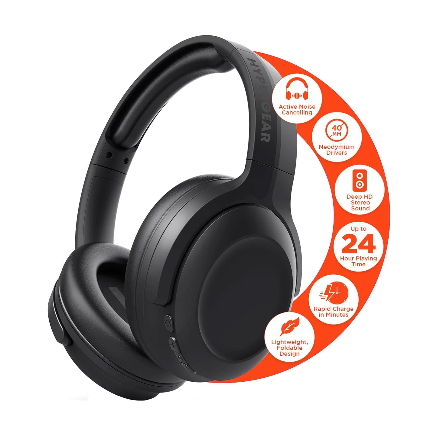 HyperGear Headphones Wireless - Black Active Noise Cancelling Headphones Over Ear Bluetooth HD Audio Deep Bass Dual Noise Canceling Mics ANC Gym…