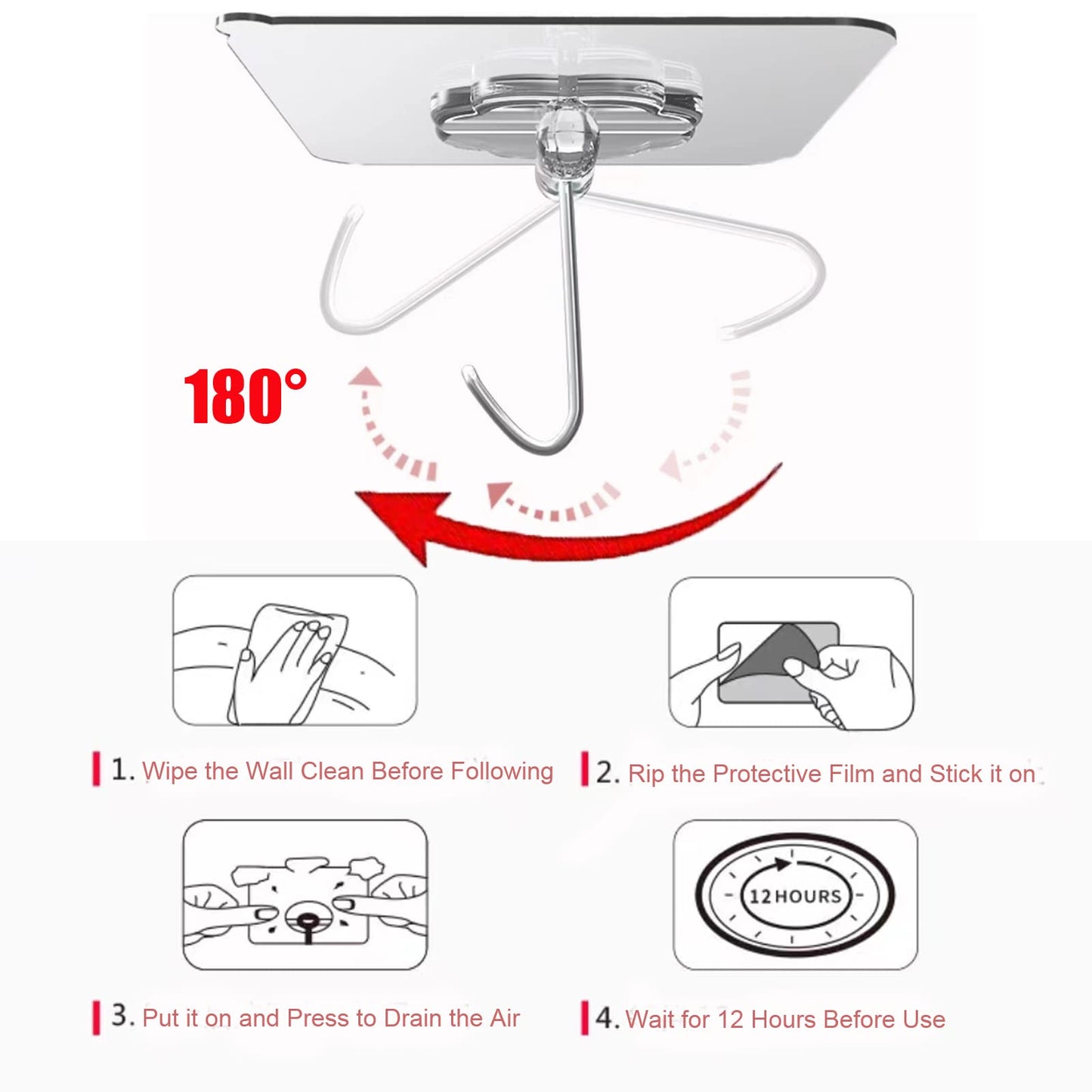 DDMY 24-Pack Transparent Adhesive Wall Hooks, 33lb Max, Reusable Waterproof Hooks for Kitchen, Bathroom, Curtains & Towels