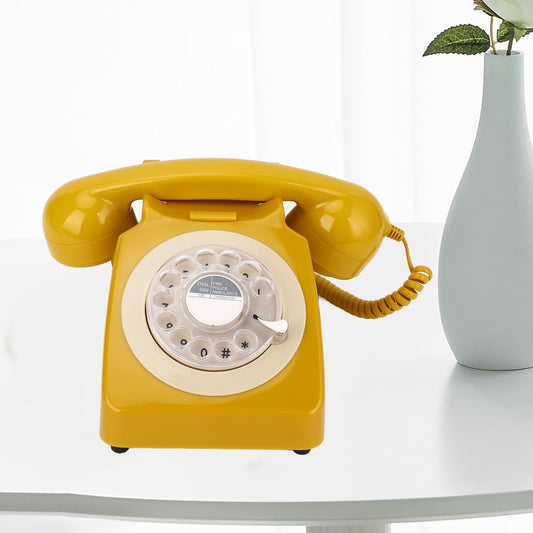Retro Design Dektop Telephone, Classic Old Fashioned Rotary Dial Vintage Landline Telephone for Girls' Home Decoration(Yellow)