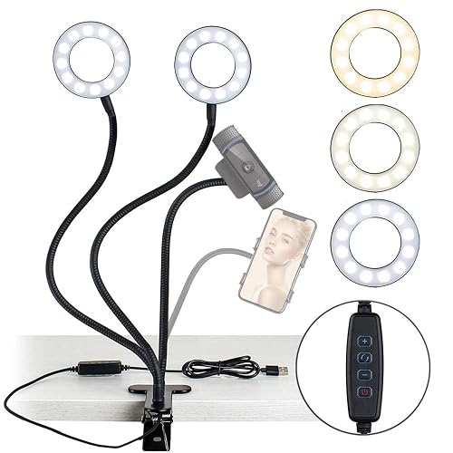 NexiGo 3.5 Inch Dual Selfie Ring Light with Moible Phone & Webcam Holder, 3-Light Modes, 10 Brightness Levels, LED Ringlight with Tripod Stand