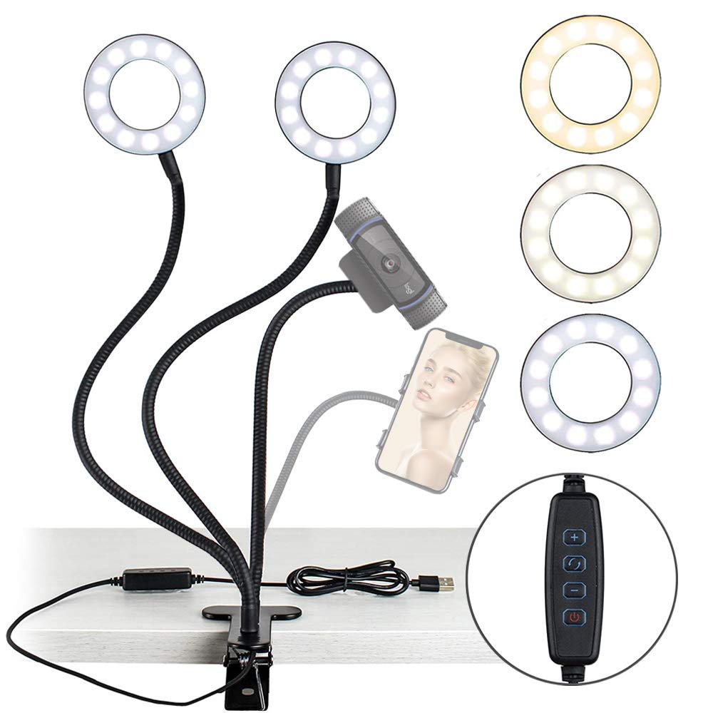 NexiGo 3.5 Inch Dual Selfie Ring Light with Moible Phone & Webcam Holder, 3-Light Modes, 10 Brightness Levels, LED Ringlight with Tripod Stand