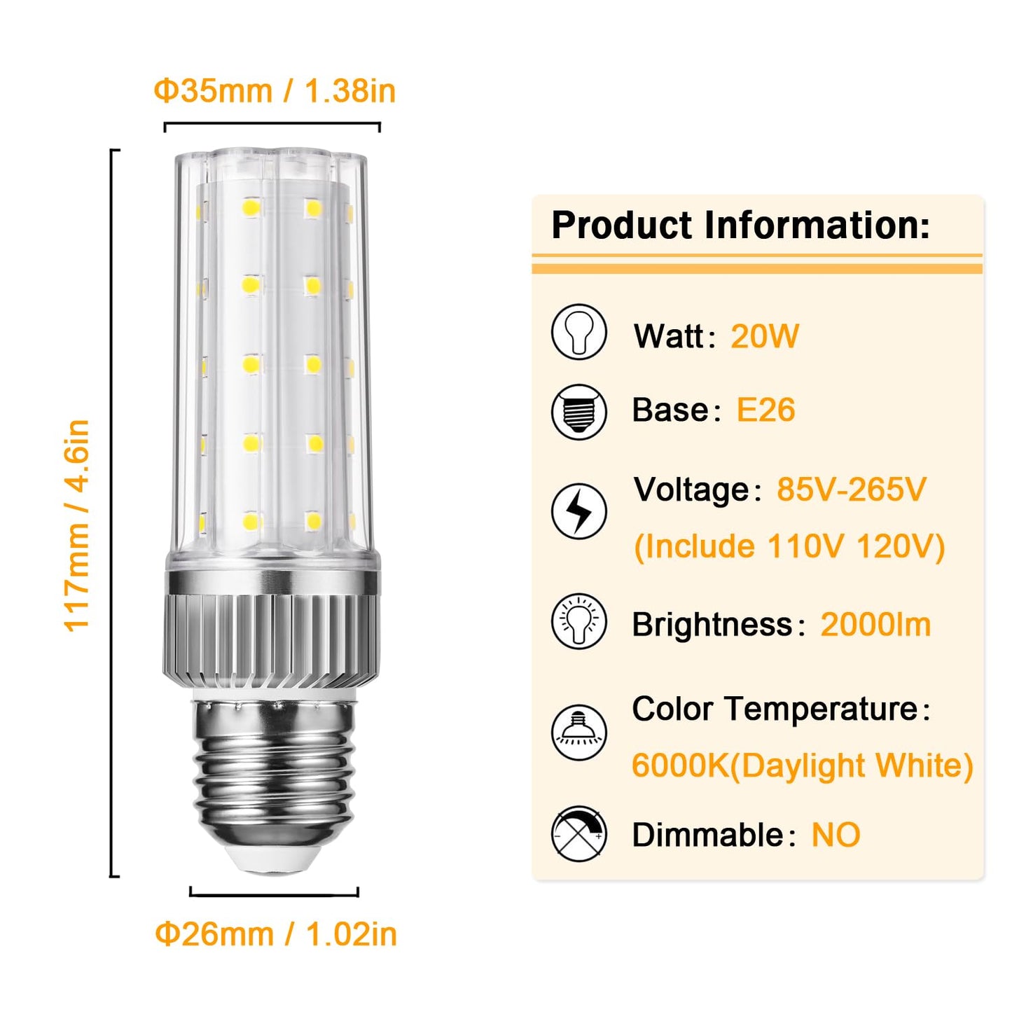 Aolang E26 LED Bulb,20W LED Corn Light Bulb 150W Equivalent 6000K Daylight White 2000LM Non-dimmable Flicker Free Ceiling Fan LED Corn Bulb for Indoor