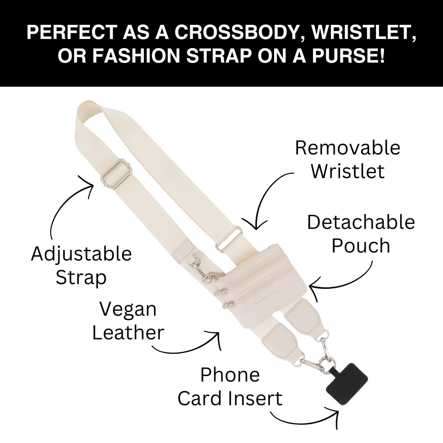 Save the Girls Clip and Go Phone Strap Solid (Cream - Cream Pouch) - Crossbody Phone Strap Chain with Zipper Wallet Pouch - Phone Lanyard