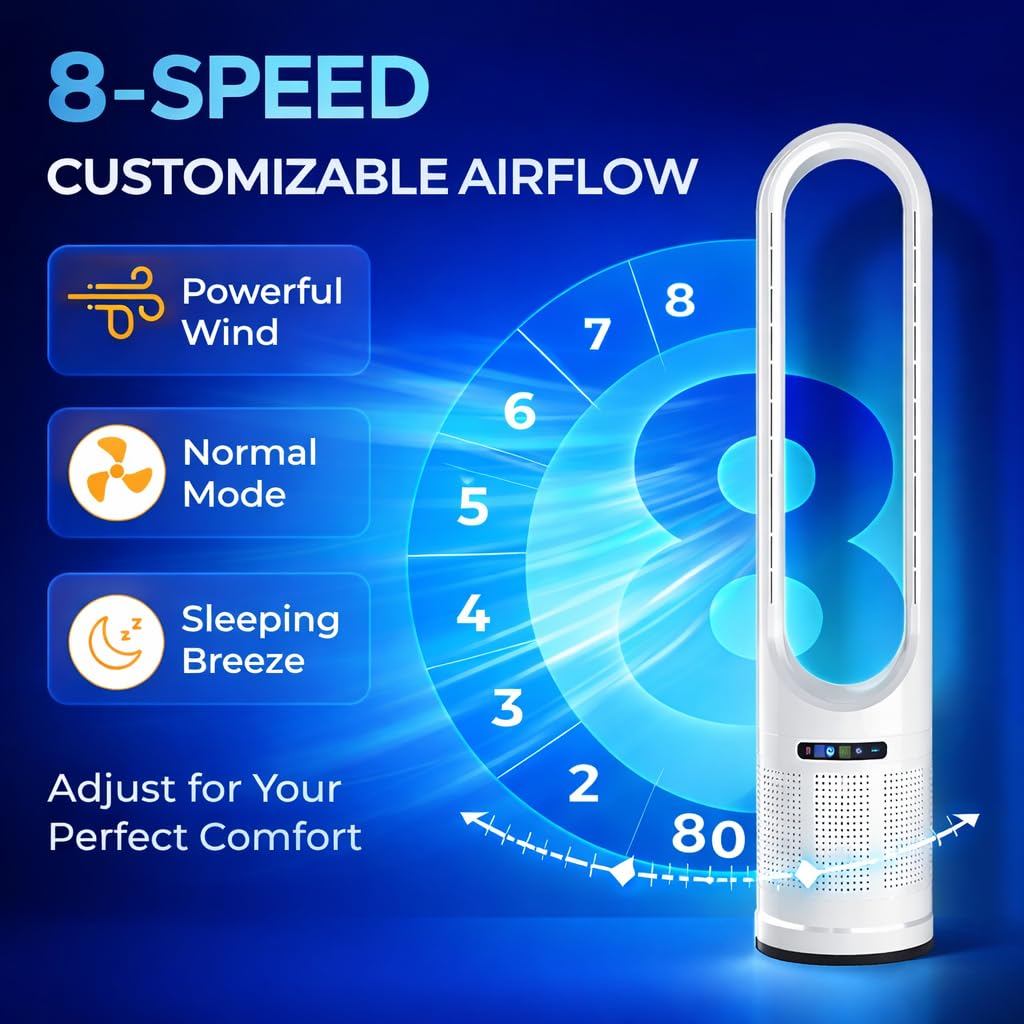 Zoolati 41" Bladeless Tower Fan with Air Filter, 80° Oscillating Fan with Remote Control, 8 Speeds, 8H Timer, Quiet Cooling Fan with LED Display