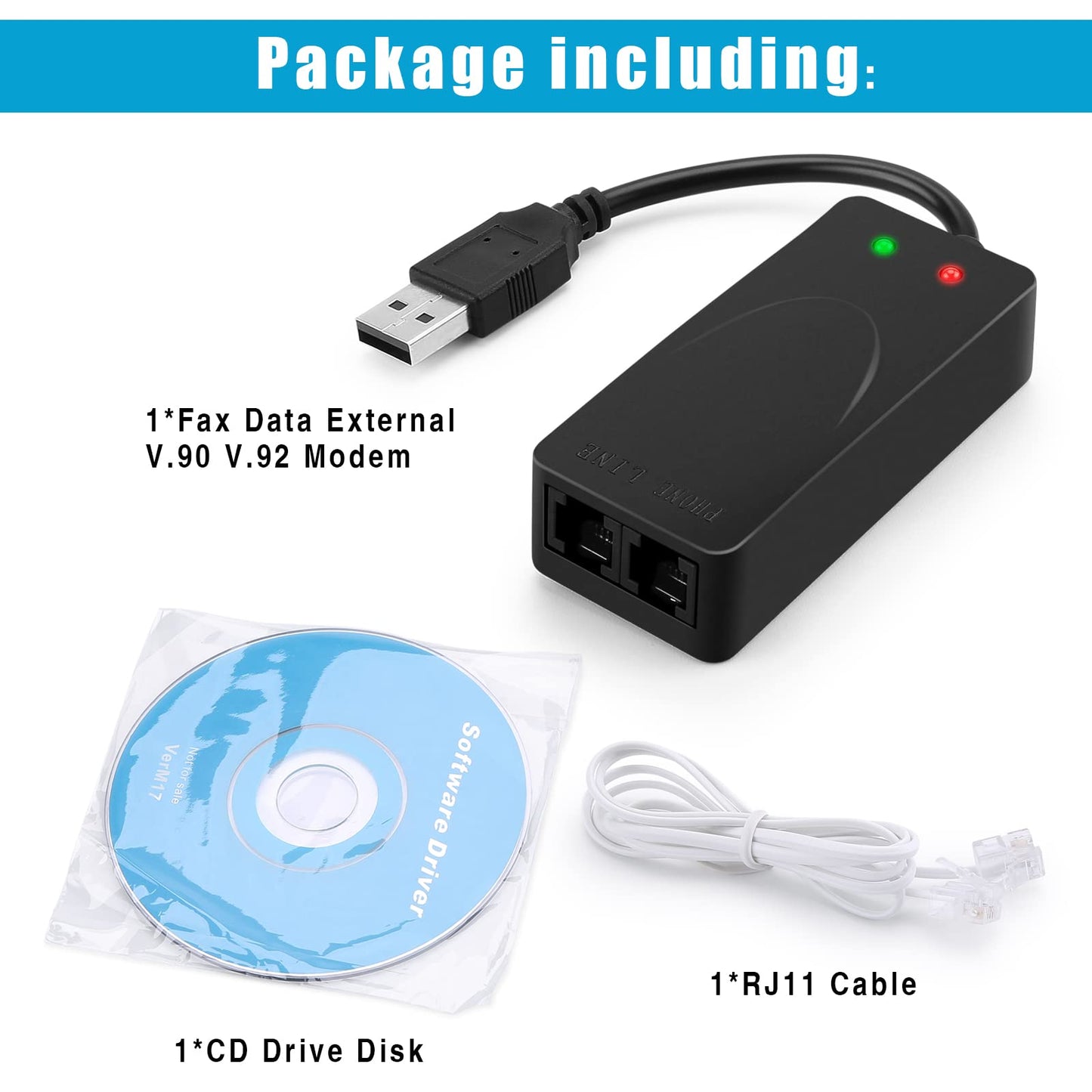 AGPtek External USB 2.0 3 in 1 Data Voice Dial Up Modem 56K V.92 V.90 CX93010 WIN7 Receive Send Fax on Computer with RJ11 Cable