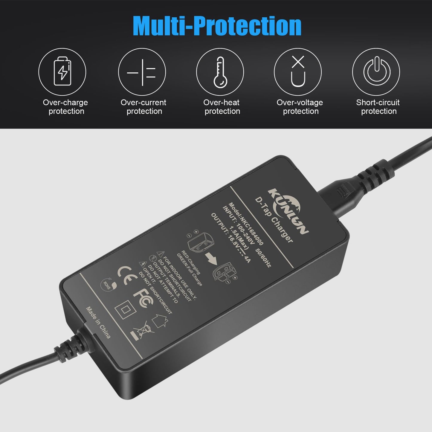 KUNLUN D-Tap Quick Charger[DC 16.8V/4A] with D Tap Cable for V-Mount/V Lock/Gold Mount Battery Charger, for Sony BP-U65 BP-U68 HDW-800P HDW-F900R