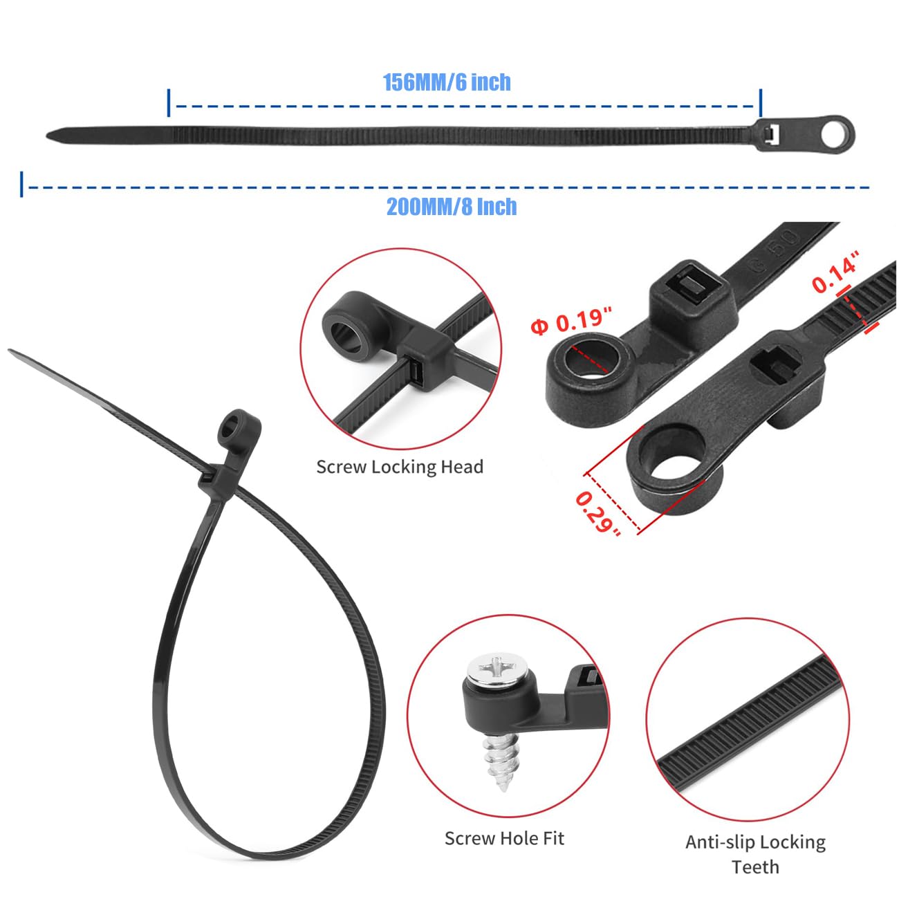 TriLnno Nylon Universal Cable Tie Buckle,Black Zip Ties Heavy Duty with Screw Hole 75lbs Mountable head Cable management Ties for Indoor & Outdoor Use