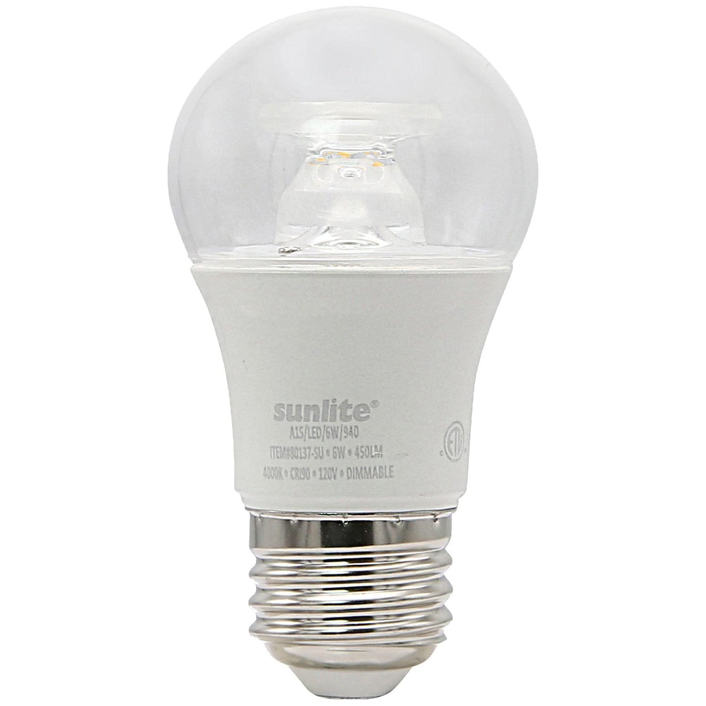 Sunlite 80137 LED A15 Appliance Clear Light Bulb, 6 Watts (40W Equivalent), 450 Lumens, Medium Base (E26), 90 CRI, Dimmable, ETL Listed, Ceiling Fan