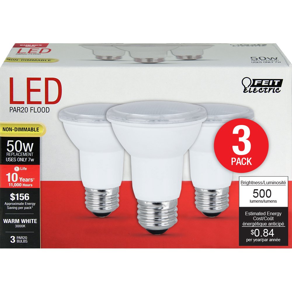 Feit Electric PAR20 LED Light Bulb, 50W Equivalent, Non-Dimmable, 3000K Warm White, E26 Base, 500 Lumen, Indoor/Outdoor Recessed Light Bulb, 10-Year