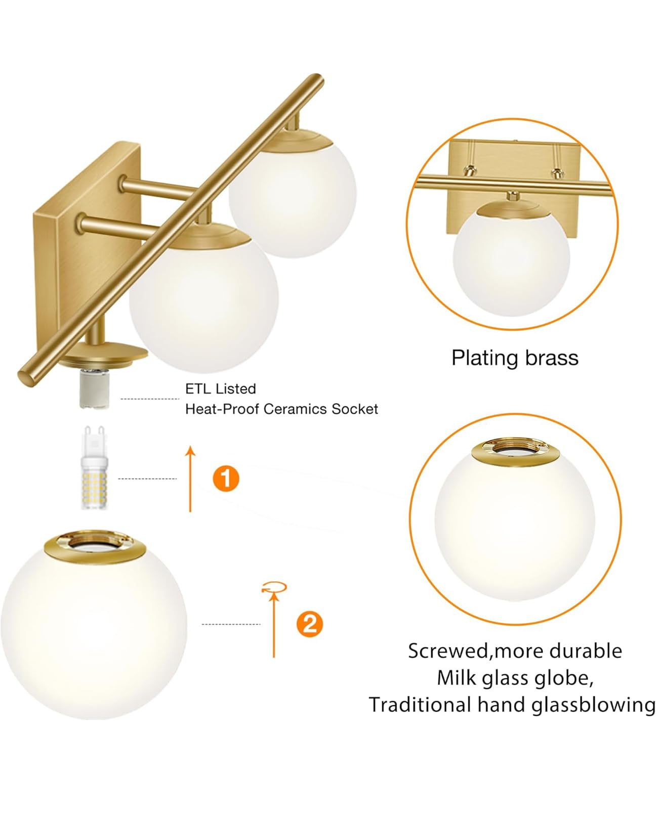 YHTlaeh Brushed Brass Bathroom Vanity Light fixtures,24‘’ 3 Lights Modern Globe Glass Shade Wall Sconce for Over Mirror, Damp Rated