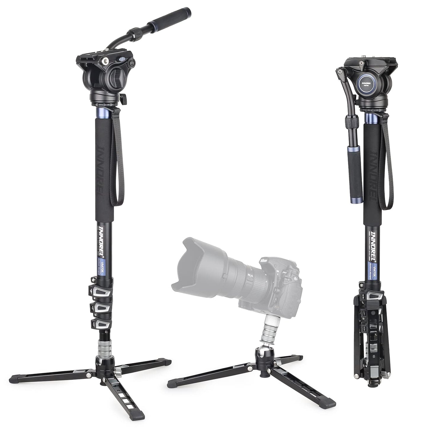 Professional Video Monopod Kit-INNOREL VM70K Including CNC Aluminum Fluid Head, Removable Tripod Base and Flexible Monopod Stand