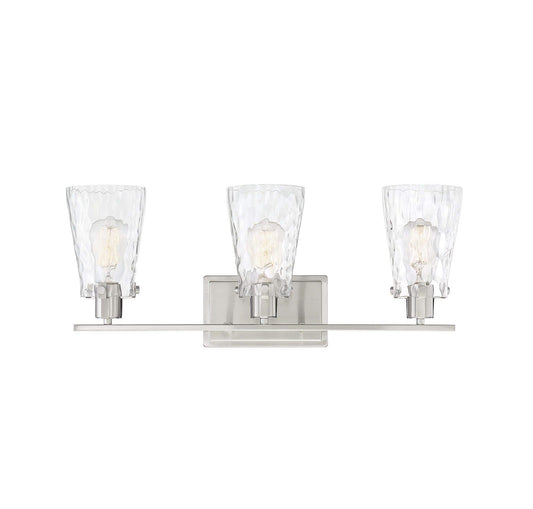 Savoy House 8-4508-3-SN Vaughan Modern Clear Water Glass Bathroom Vanity Wall Light, 3-Light 180 Total Watts, 9" H x 24" W, Satin Nickel