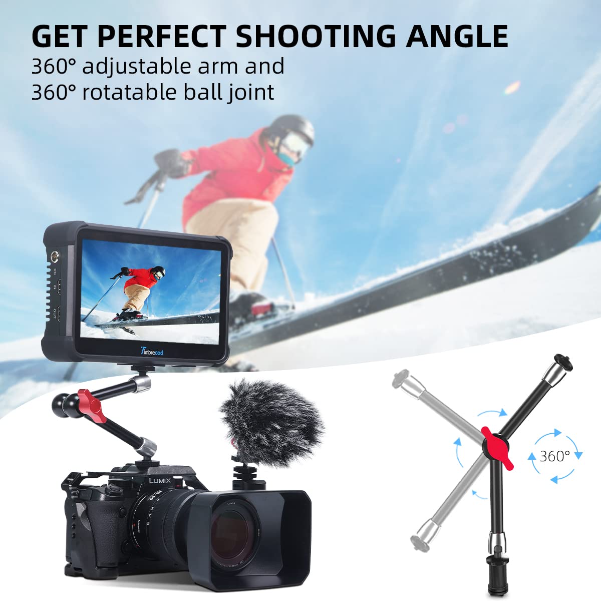 Adjustable Magic Arm, TOAZOE 11 Inch/28 cm Articulating Friction Arm Camera Mount with Both 1/4" Thread Screw Compatible with Camera, LCD Monitor