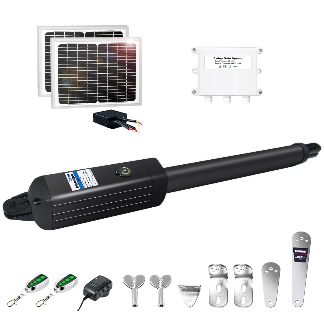 TOPENS A8S Automatic Solar Gate Opener for Heavy Duty Single Swing Gate Up to 18ft, Single Swing Gate Operator Battery Powered with Remote Control Kit