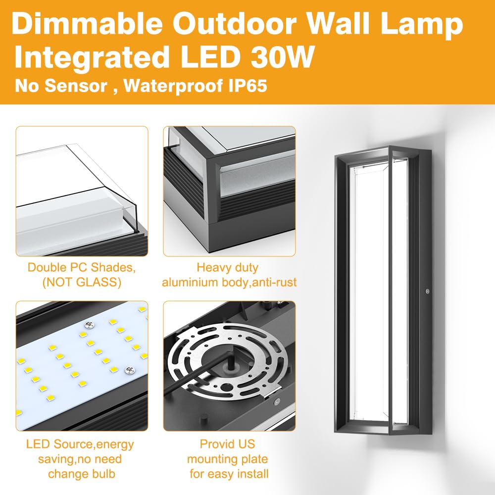 Cylutaes 2Packs LED Outdoor Wall Lights,Dimmable Exterior Wall Sconce 16",3000K / 4000K / 6000K,IP65 Waterproof,Modern Black Outside Light