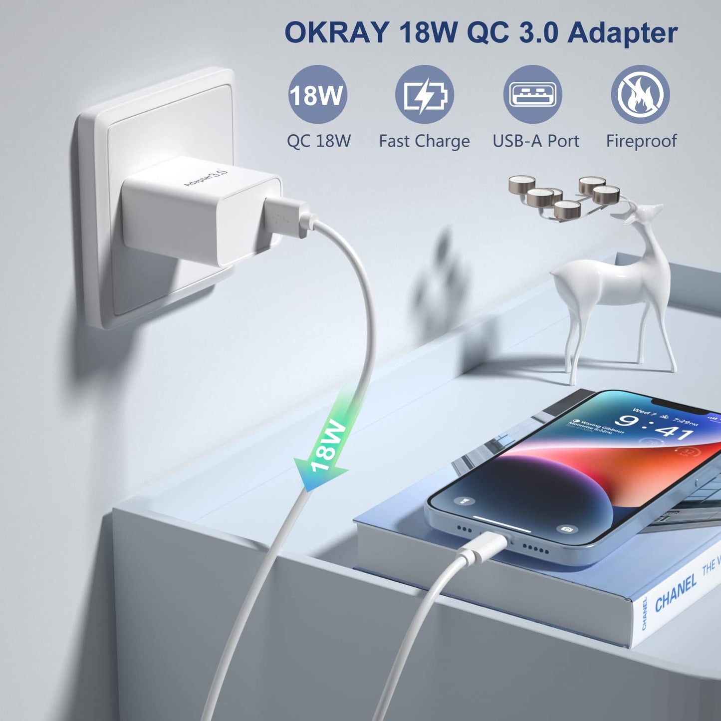 USB Wall Plug, OKRAY 2-Pack 18W Fast Charging Block 5v/3a Type A Box