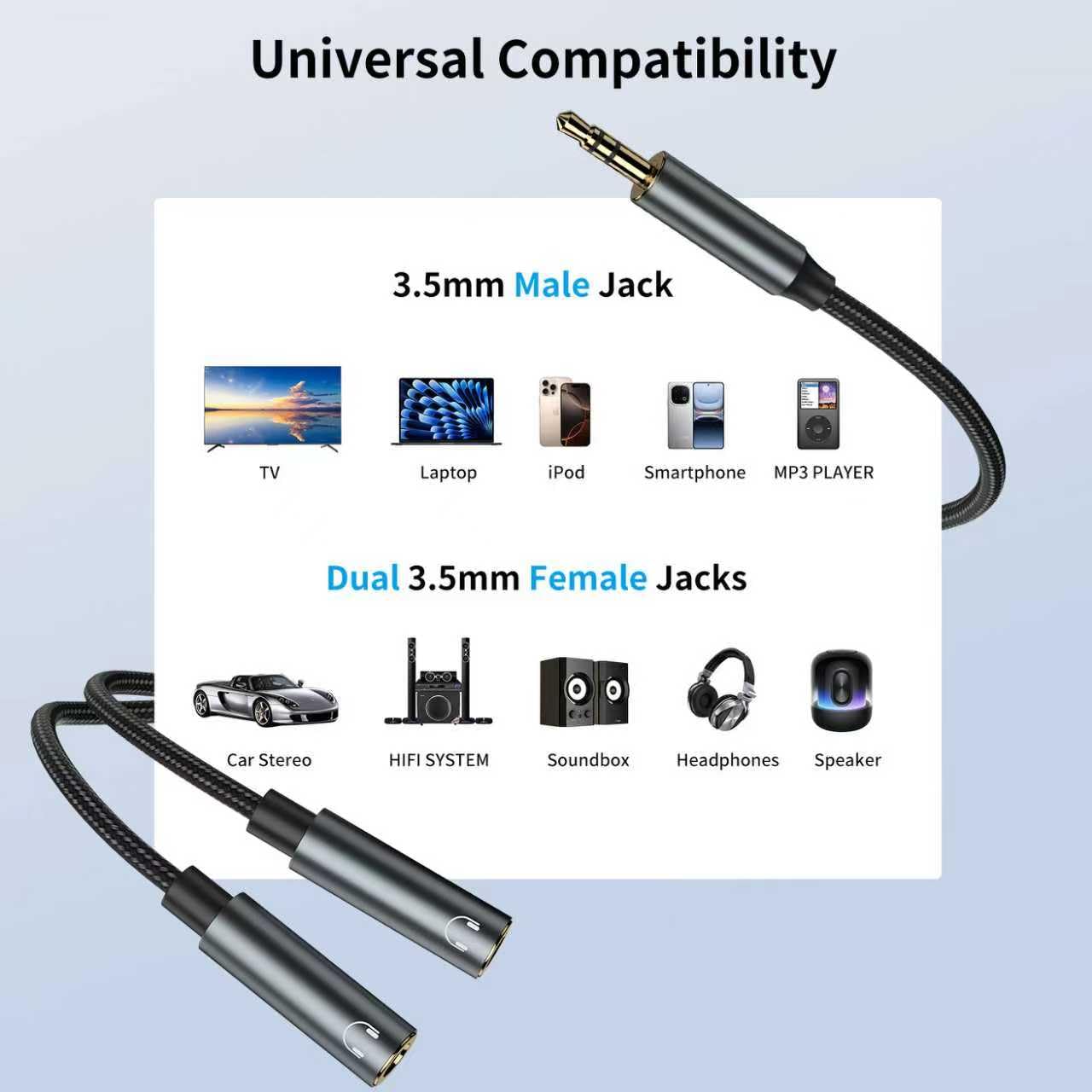 3.5mm Headphone Splitter, Dual Headphone Jack Adapter for 2 Headphones, Audio Stereo Y Splitter Male to Female AUX Extension Cable with Gold-Plated