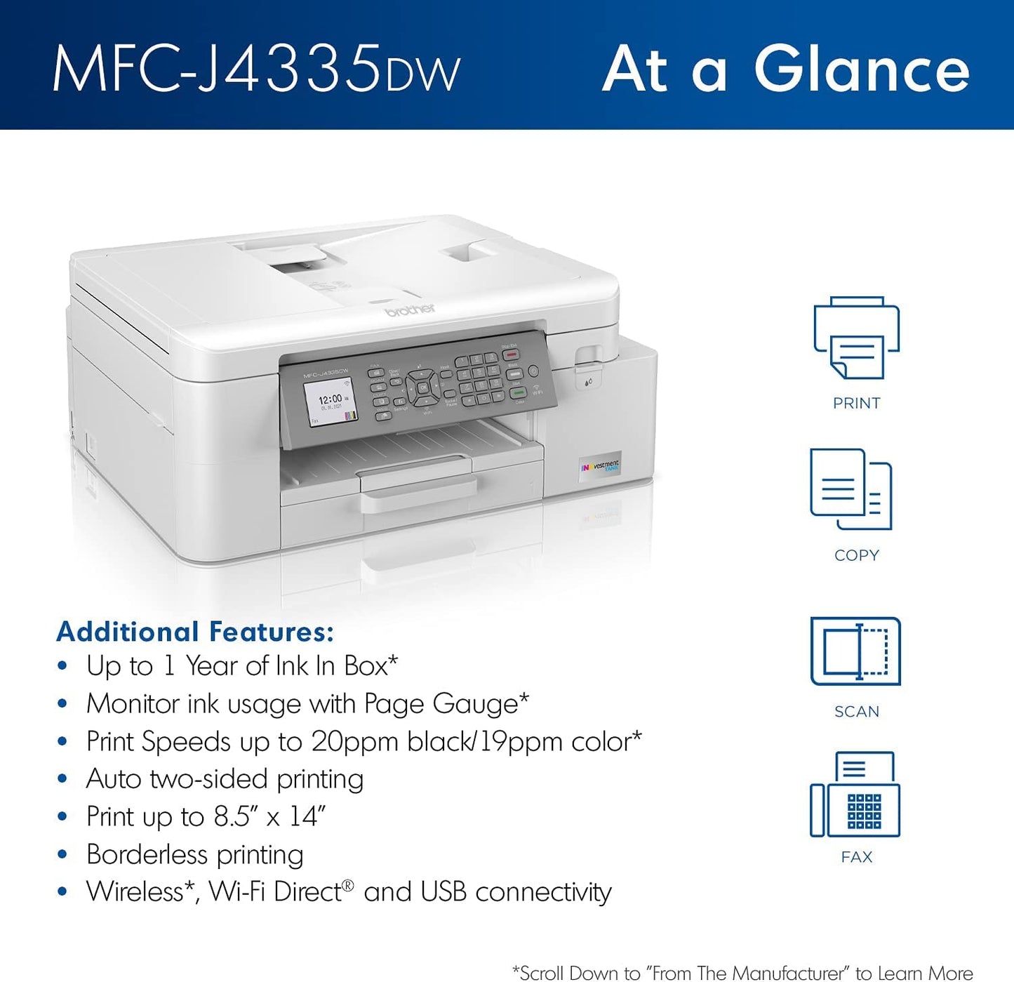 Brother MFC-J4335DW INKvestment Tank All-in-One Printer with Duplex and Wireless Printing Plus Up to 1-Year of Ink in-Box (Renewed Premium)