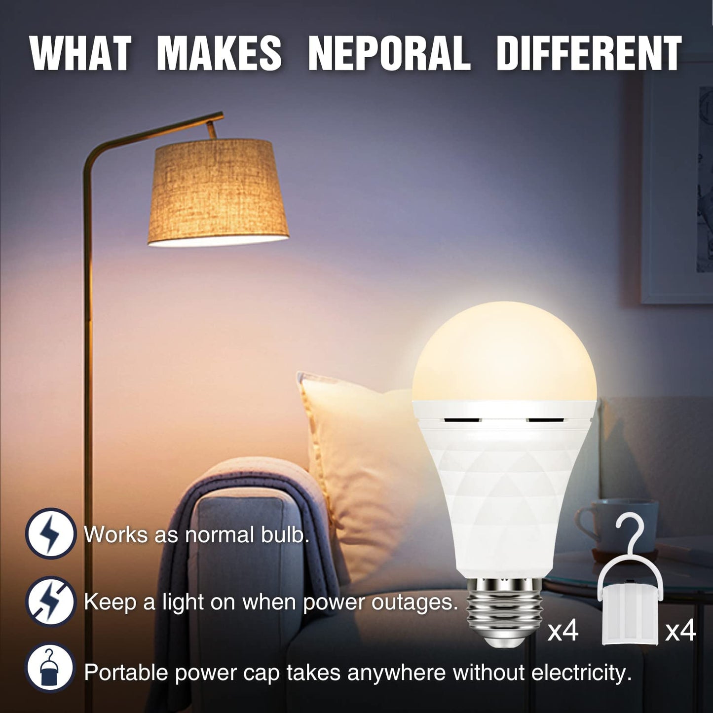 Neporal A19 Rechargeable Light Bulbs, Socket Rechargeable Emergency Light Bulb for Power Failure, Battery Backup Bulbs for Home, Hurricane, Led Bulb