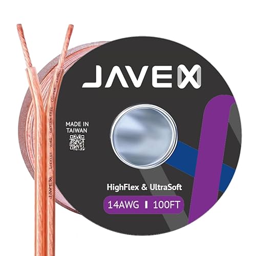 JAVEX 14-Gauge AWG Audio Speaker Wire Cable (100 FT), [OFC Oxygen-Free Copper] Thin Flat Cable for Automotive Car Stereo Audio, HI-FI Stereo, Home