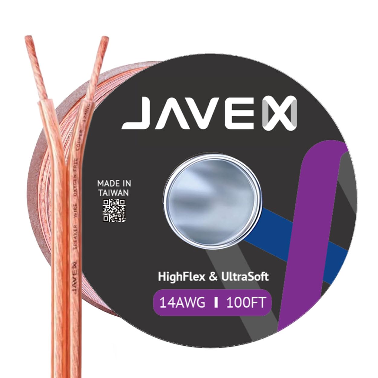 JAVEX 14-Gauge AWG Audio Speaker Wire Cable (100 FT), [OFC Oxygen-Free Copper] Thin Flat Cable for Automotive Car Stereo Audio, HI-FI Stereo, Home