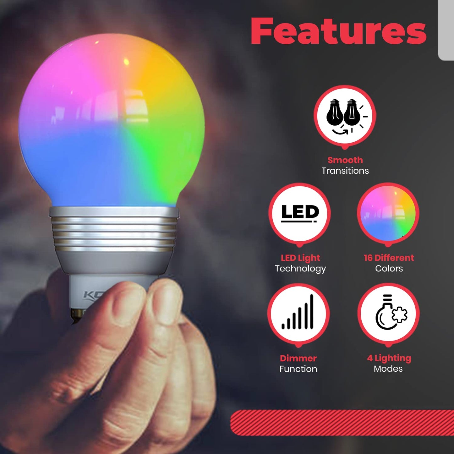 Kobra LED Color Changing Light Bulb with Remote Control - 16 Different Color Choices Smooth, Fade, Flash or Strobe Mode - Smart Remote Lightbulb - RGB