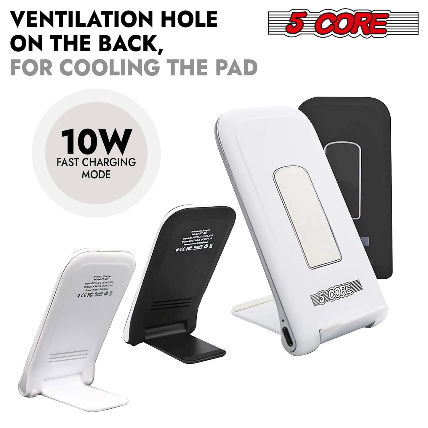 5 Core Fast Wireless Charging Stand 10W 2PCS w Adaptive Sleep Friendly Light Compatible with Smartphones - CDKW03