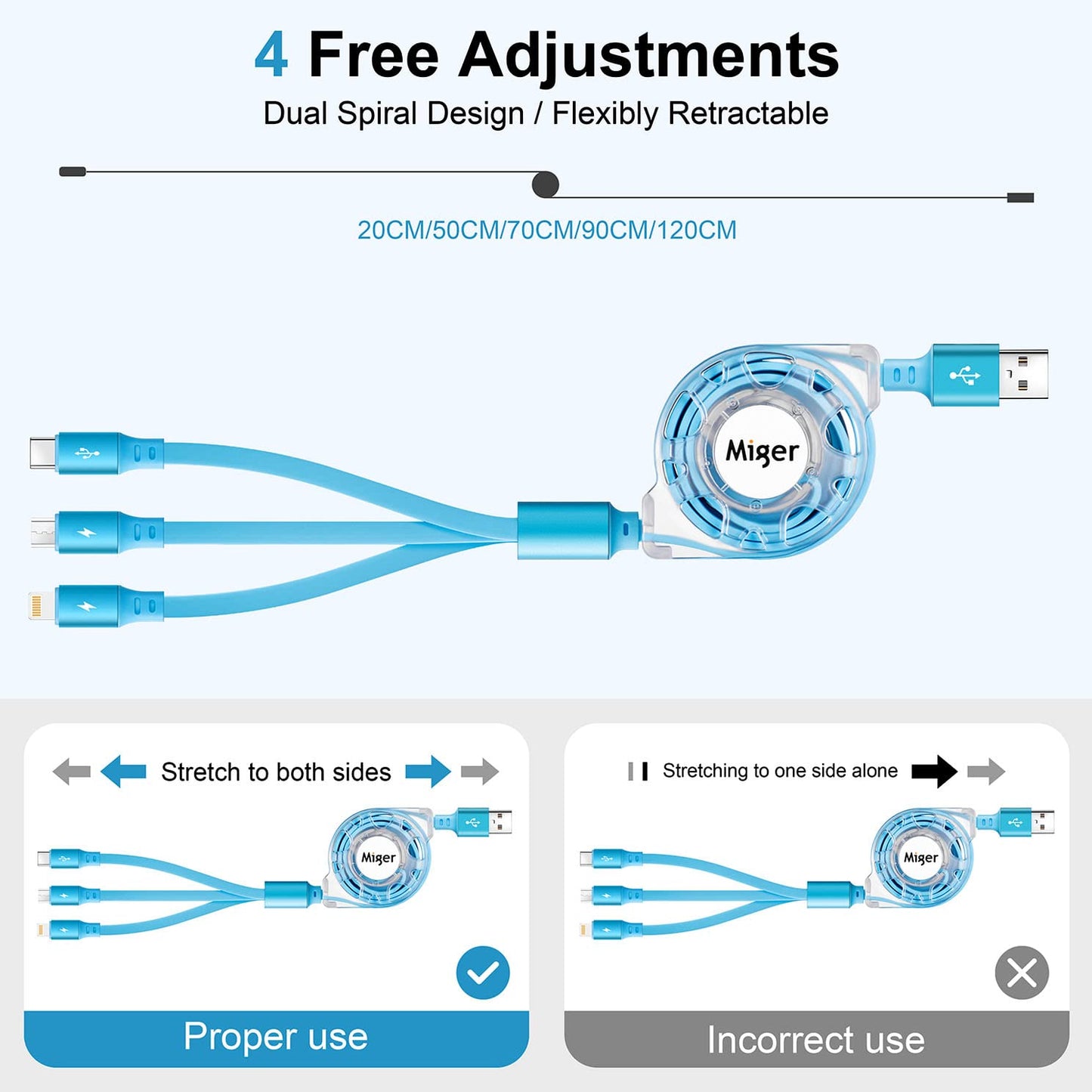USB C Multi Fast Charging Cable 4A [2Pack/4Ft] Retractable Multi Charger USB A to Type C/Lightning/Micro USB Ports 3 in 1 USB Cable for Samsung