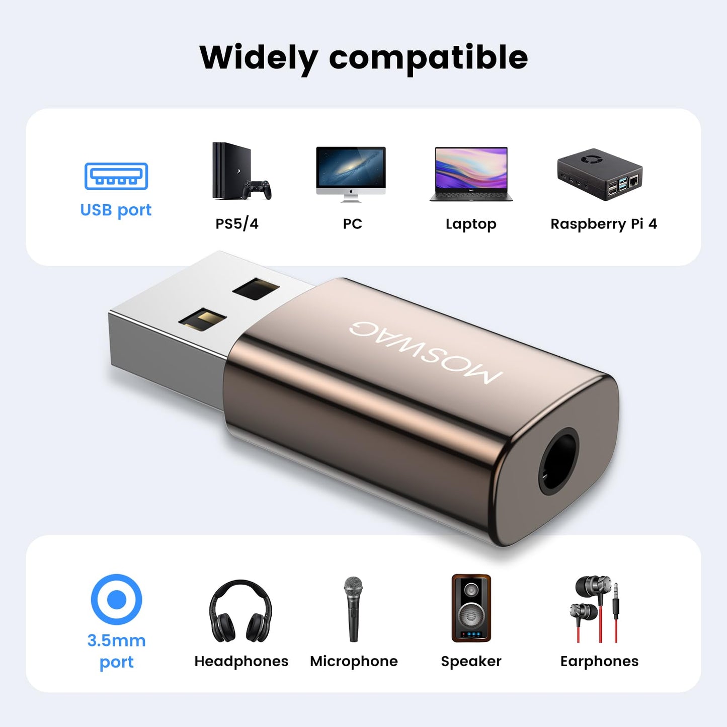 MOSWAG USB to Audio Jack Adapter, 3.5mm Jack Audio Adapter, External Stereo Sound Card TRRS Female Headset Compatible with PC, Laptop, Mac, Desktops