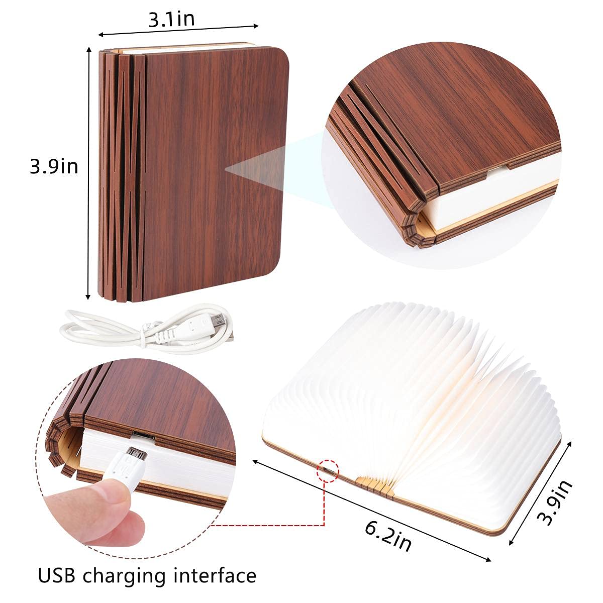 XIUDI 8 Colors Mini Folding Book Lamp,Portable Wooden Book Lights,Desk Light,Novelty LED Paper Lantern with USB Rechargeable Night Light,Unique Gifts