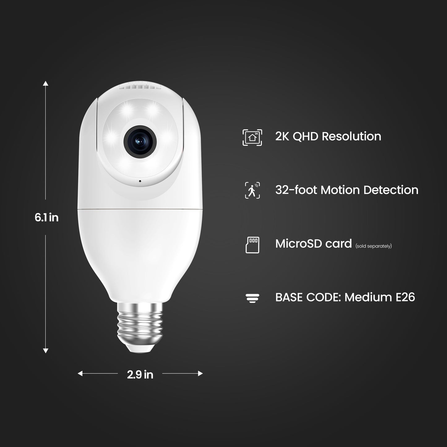 Feit Electric Smart Security Camera Bulb, 2K QHD Resolution, 2-Way Audio, Human Tracking, 350° Pan, Night Vision, Motion Alerts, E26 Base