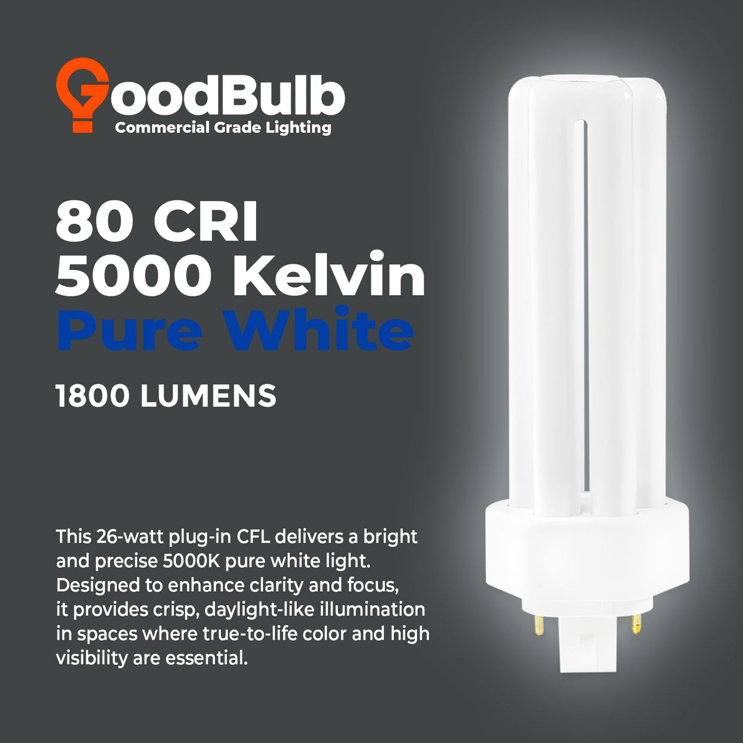 GoodBulb 26 Watt CFL Light Bulbs 4 Pin GX24Q-3 Base 5000K Daylight 26W High Output 1800 Lumens Triple Tube Compact Fluorescent Light Bulbs Plug-in 10