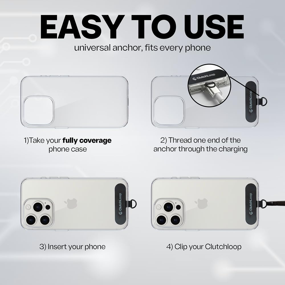 ClutchLoop Anchor 2 - Premium Metal Phone Tether Tab, Ultra-Thin 0.30mm with 3M Adhesive, Strong 46lbs Hold, Universal Phone Lanyard Attachment