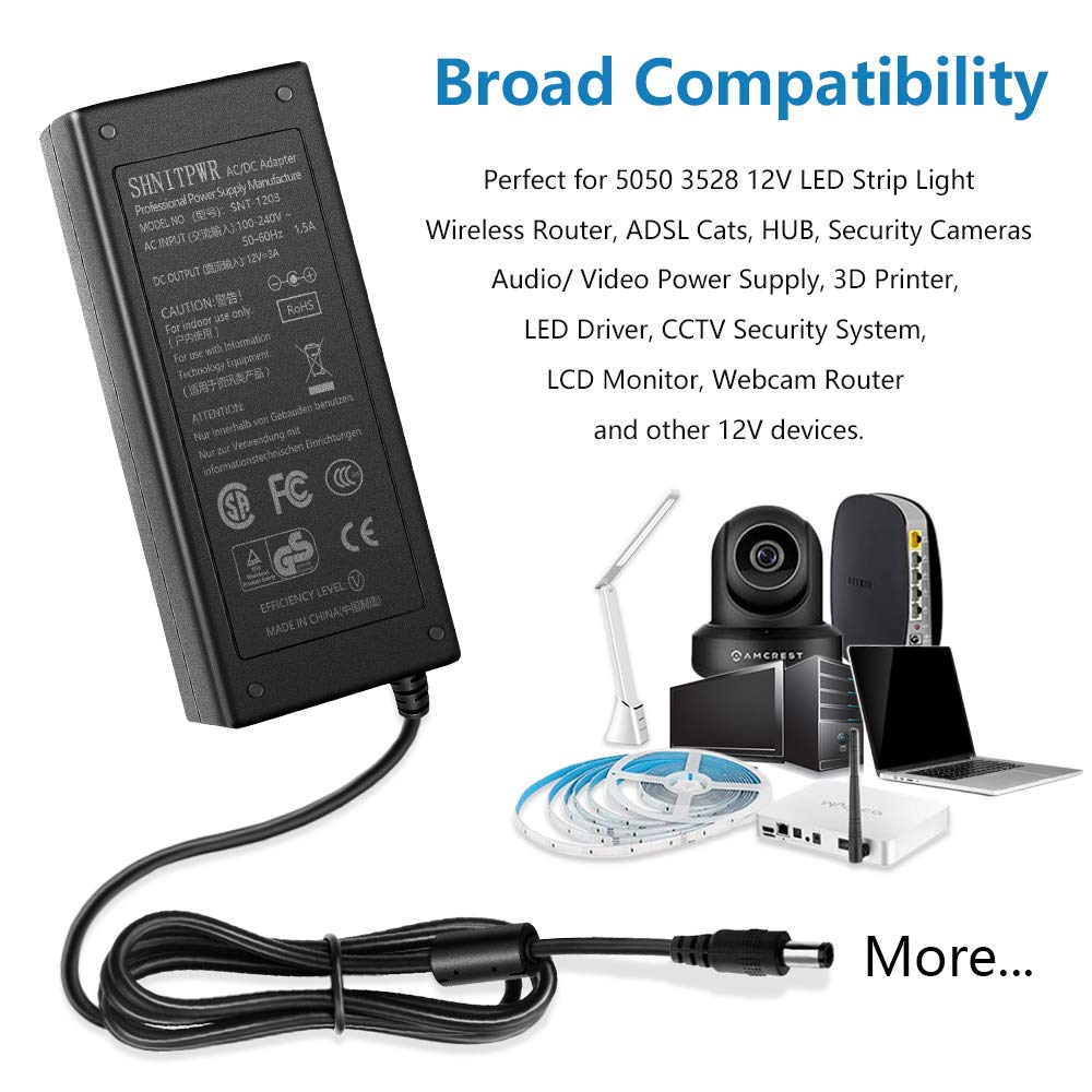SHNITPWR 12V 3A 36W AC DC Power Supply Adapter 100V~240V AC to DC 12 Volt 3 Amp Converter Transformer LED Driver with 5.5x2.5mm Plug for 5050 3528…