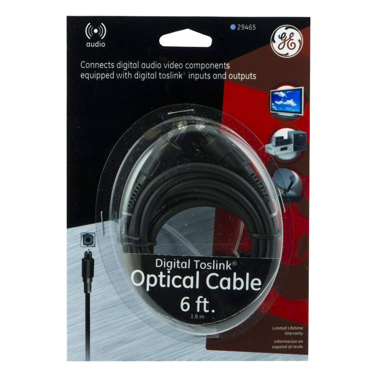 GE Home Electrical GE Digital Toslink Cable, Fiber Optic, 6 Foot Cable, Male to Male, for Home Theater, Sound Bar, TV, PS4, Xbox, PlayStation, 29465