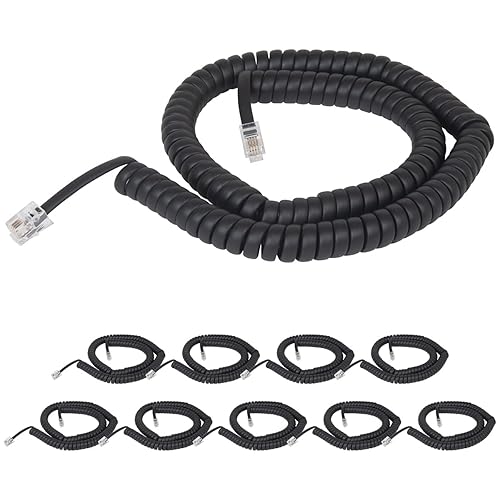 Cablesys Coiled Telephone Handset Cord for Use with PBX Phone Systems, VoIP Telephones - 12 Ft Uncoiled, Rj22, 1.5 Inch Lead on Both Ends, Flat Black
