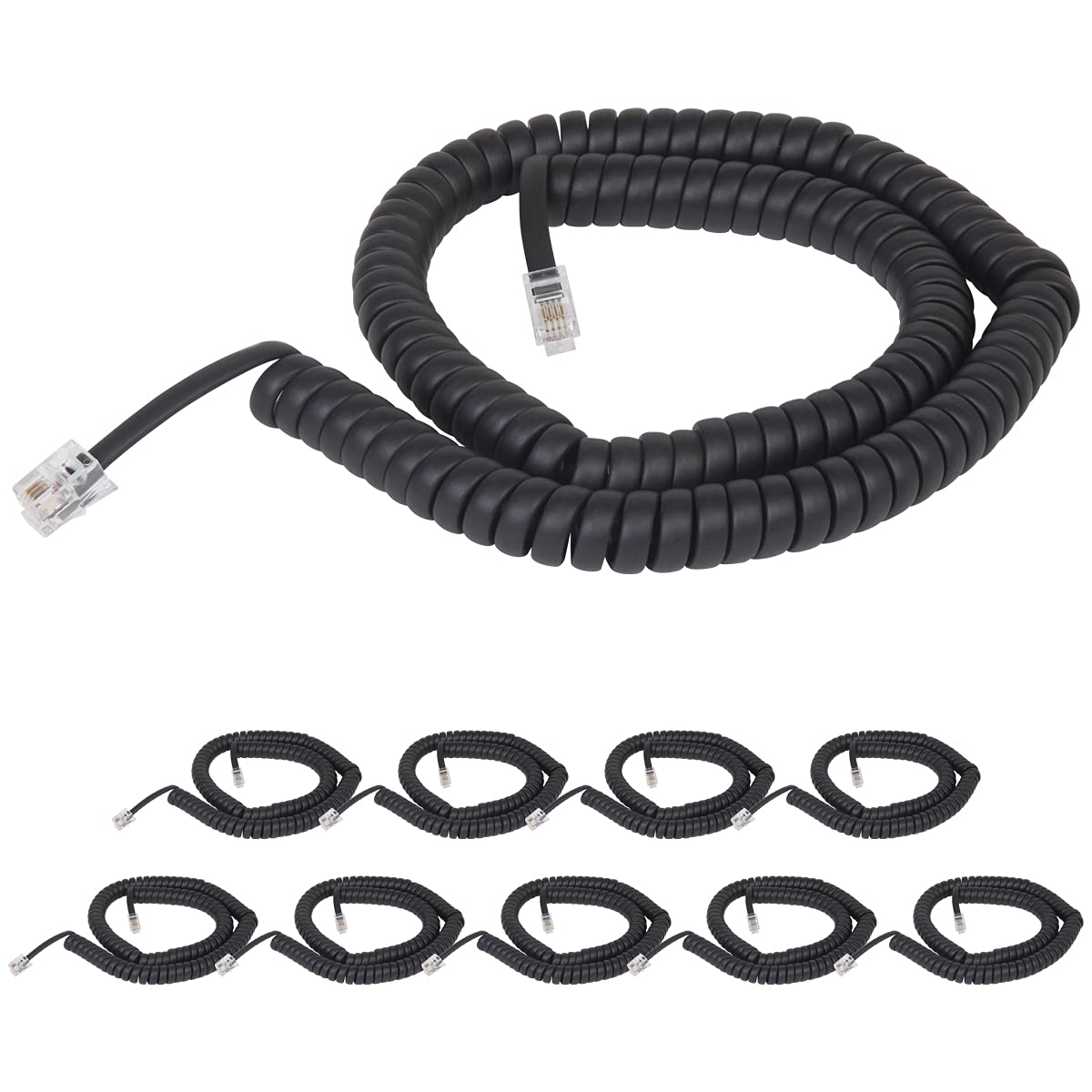 Cablesys Coiled Telephone Handset Cord for Use with PBX Phone Systems, VoIP Telephones - 12 Ft Uncoiled, Rj22, 1.5 Inch Lead on Both Ends, Flat Black