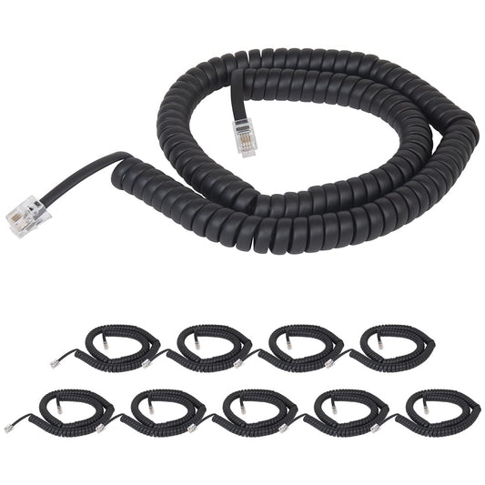 Cablesys Coiled Telephone Handset Cord for Use with PBX Phone Systems, VoIP Telephones - 12 Ft Uncoiled, Rj22, 1.5 Inch Lead on Both Ends, Flat Black