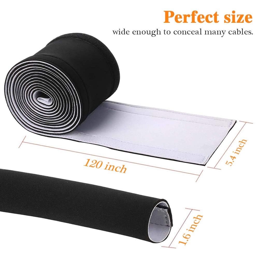 120" Neoprene Cable Management Organizer, Reversible Flexible Cuttable DIY Hole Cord Hider Cover Sleeve for Office TV Computer Home Desk Protect Wires