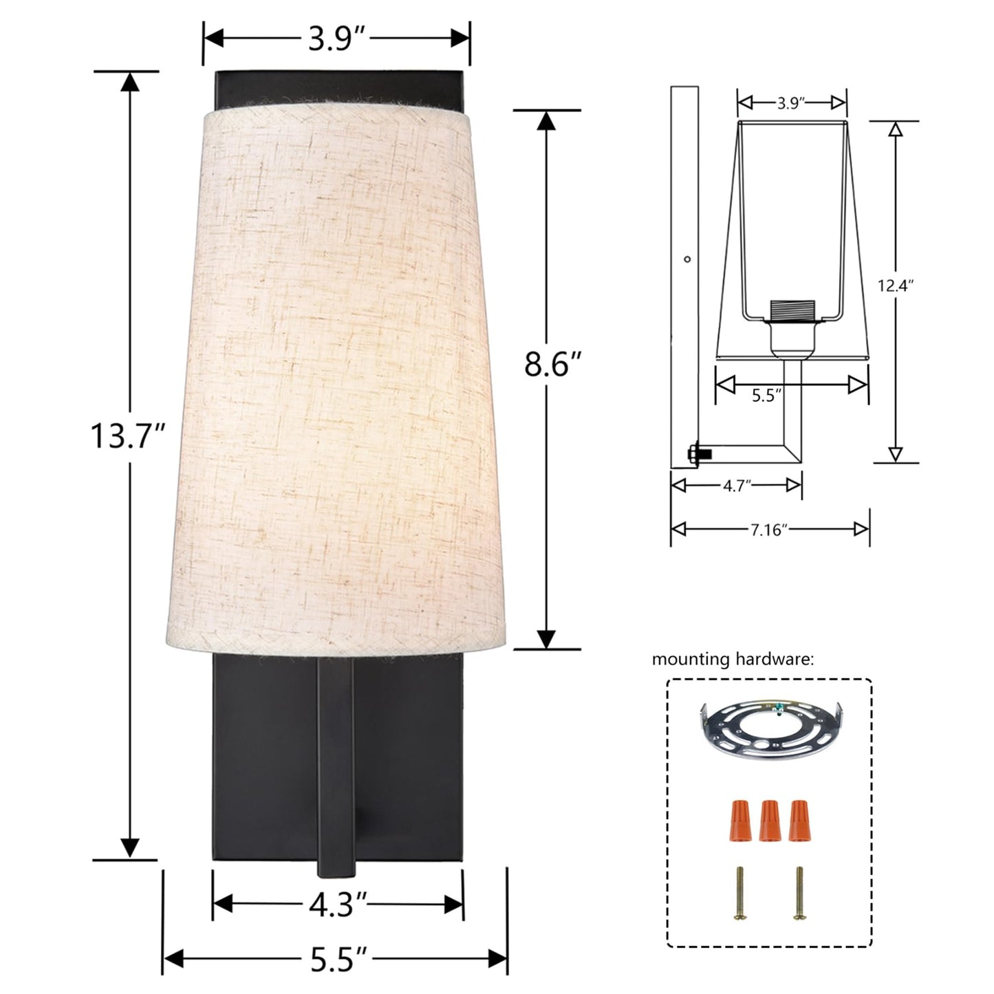 TEENYO Farmhouse Black Wall Sconces Set of Two Modern 1-Light Hardwired Matte Black Wall Lamp with Fabric Shade Sconces Wall Lighting for Bedroom