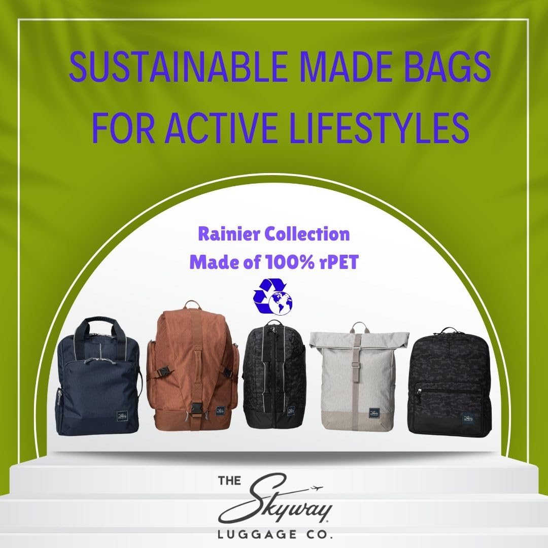 Skyway Luggage Rainier Weekender Backpack, Eco-Friendly, Made of 100% rPET Travel Laptop Bag for Women & Men, Flight Approved Carry On Bag, 43L