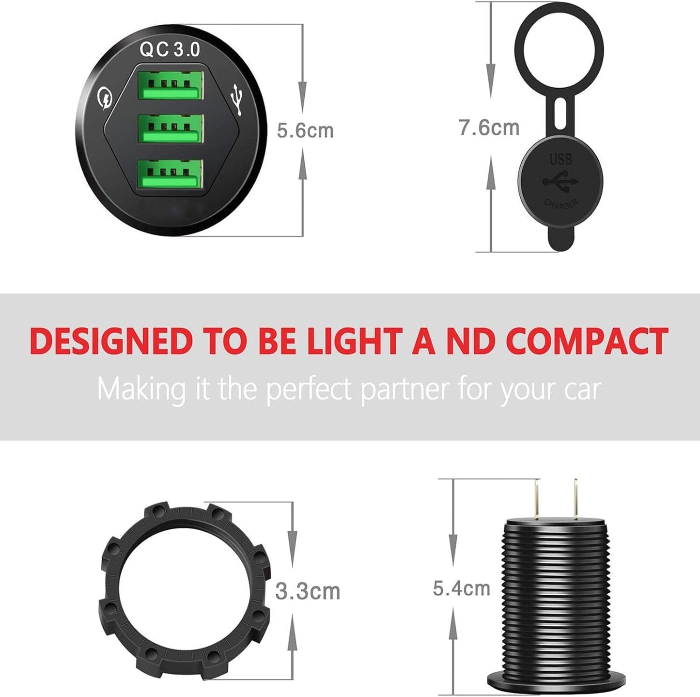 Triple Port QC3.0 Car Charger Socket, 12V/24V 36W USB Charger with 3 Fast Charging Ports, IP66 Waterproof Aluminum Socket Mount for Car Boat RV Marine