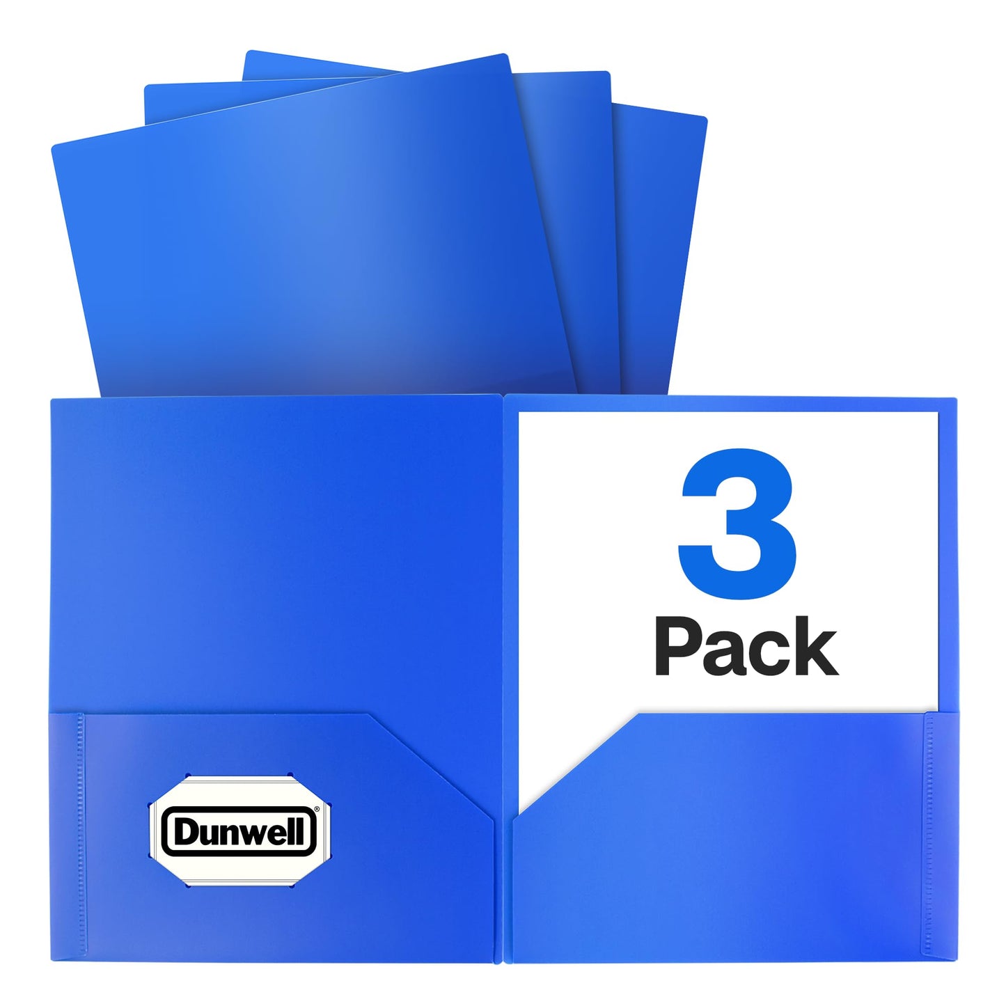 Dunwell Plastic Folders with Pockets (Blue, 3 Pack), 2 Pocket Poly Folders for School, Home or Office, Durable Acid-Free Poly, Includes Removable