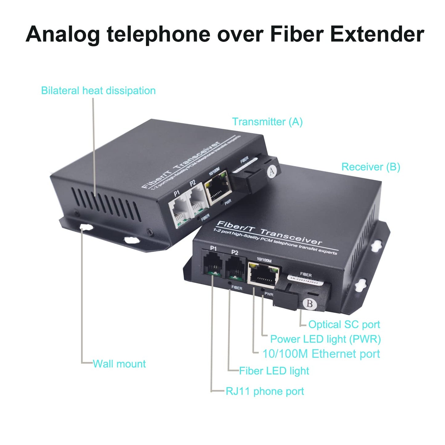 Wekuant 2 x RJ11 Telephone and 10/100 Mbps Ethernet Over Fiber Converter - POTS to Fiber Optic Extender, Universal Single Mode up to 20Km(12.4 mi)
