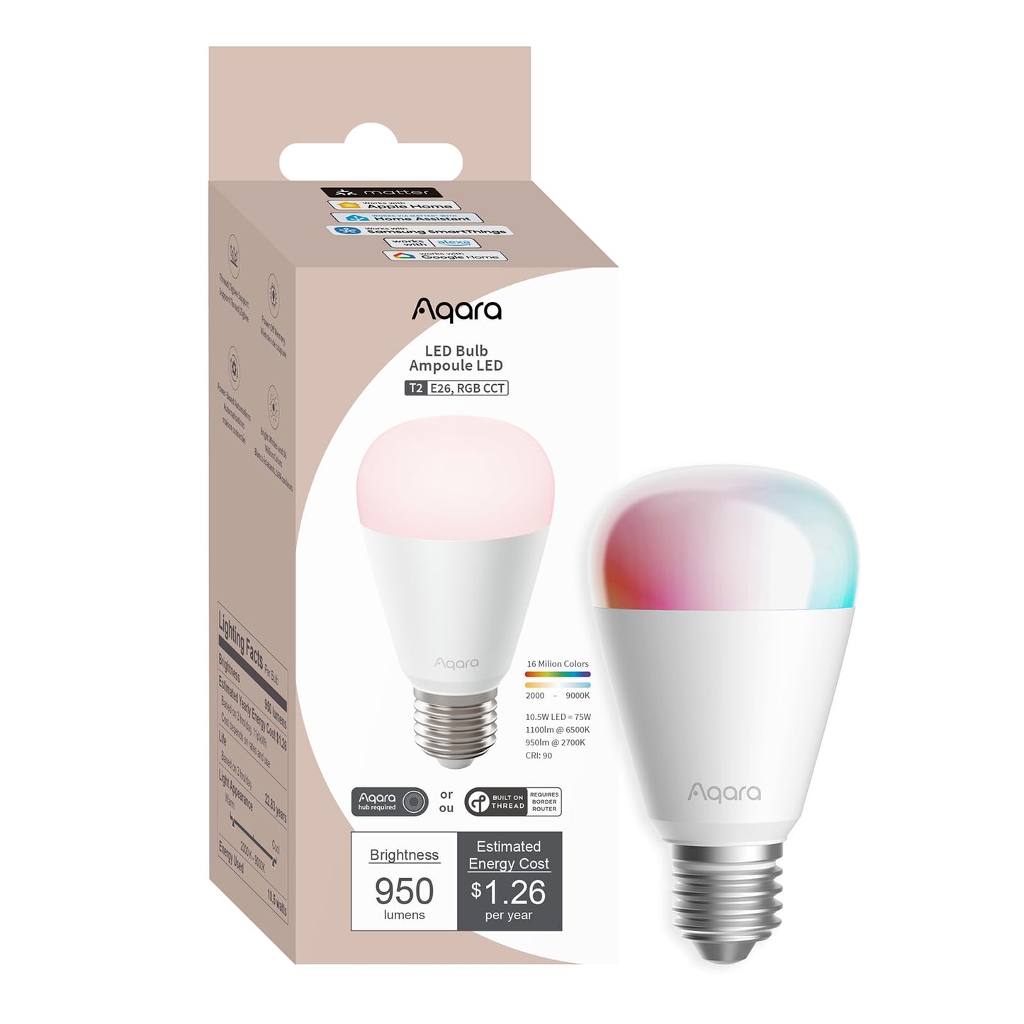 Aqara Thread/Zigbee Smart LED Light Bulb T2 E26, 1 Pack