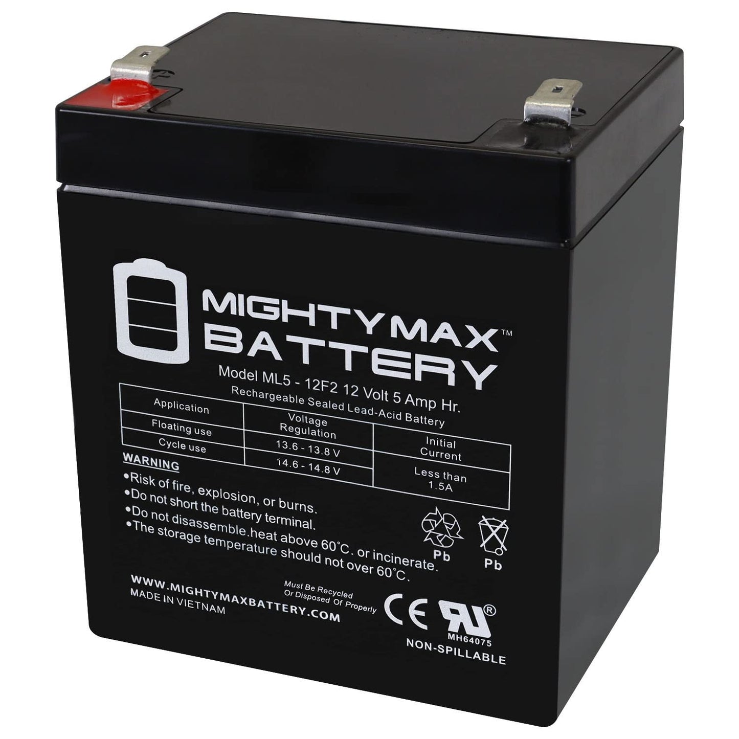 Mighty Max Battery ML5-12F2-12 Volt 5 AH, F2 Terminal, Rechargeable SLA AGM Battery
